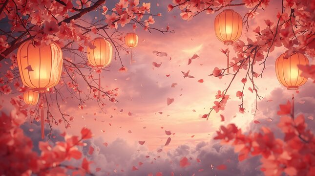Dreamlike festival scene with glowing lanterns hanging among cherry blossom branches and pink petals floating in sunset sky - Powered by Adobe