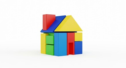 Colorful toy blocks build a charming house shape against white
