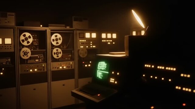 Vintage computer room with reel-to-reel tape machines and glowing monitor in dim lighting