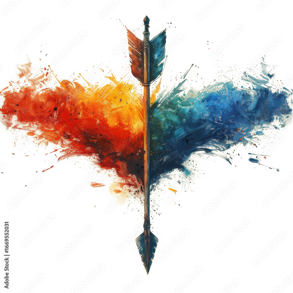 Poster An arrow split into two halves, one red and one blue, with a paint splash effect isolated on transparent background