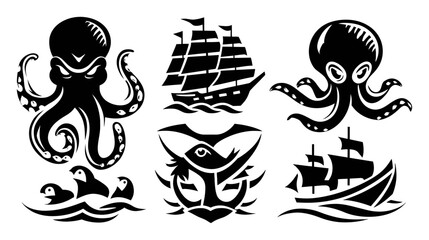 Fototapeta premium Black and White Illustrations of Octopus, Ships, and Marine Themes