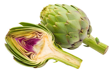 Fresh Globe Artichoke with Half Cut on Transparent Background