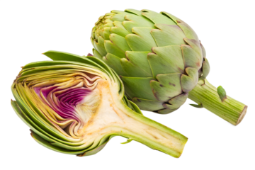 Fresh Globe Artichoke with Half Cut on Transparent Background
