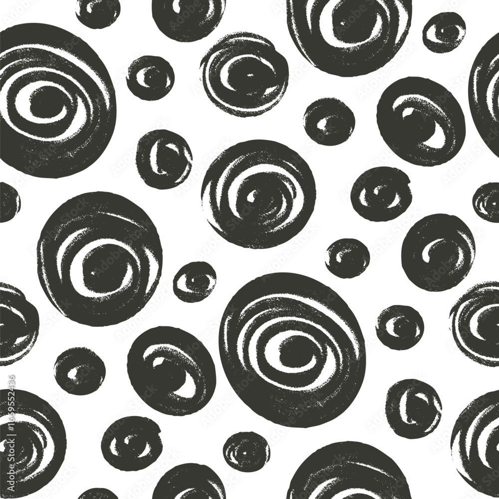 Poster seamless pattern with various polka dots. charcoal monochrome endless background. black and white gr