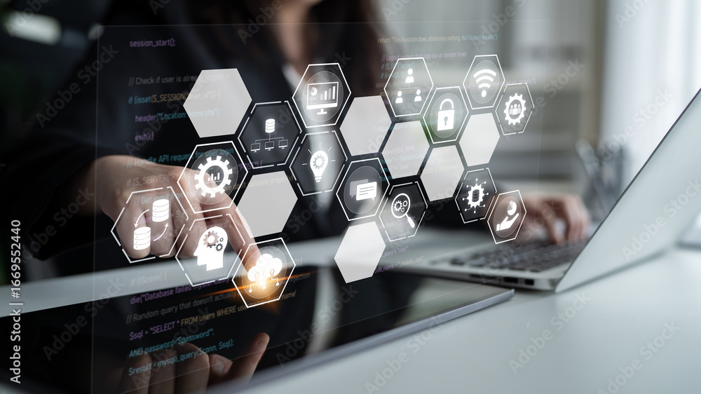 Aufkleber hexagon interface combining ai, data, analytics, and cybersecurity. ai connects systems, data drives
