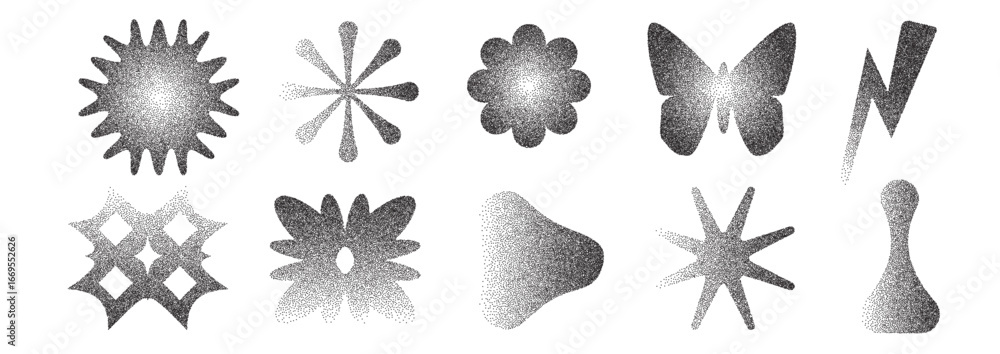 Poster geometric figures with grain noise gradient texture. y2k retro stippling forms set. butterfly, chess