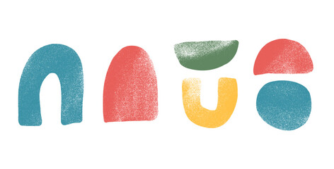 Multi colors crayon textured geometric shape set. Kids abstract elements. Circle, arch and semicircles figures. Vector hand drawn naive uneven shapes. Scribbles design figures illustration.