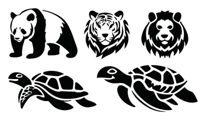Silhouette Animals Collection Including Panda, Tiger, Lion, and Turtles