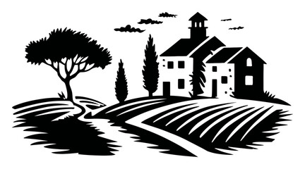 Naklejka premium Black and White Silhouette of a Country House and Landscape Scene