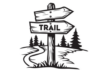 Wood signpost displaying 'Trail' points a route through stylized trees and grass