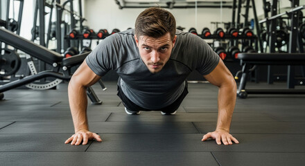 Determined Man Doing Push-Ups in the Gym