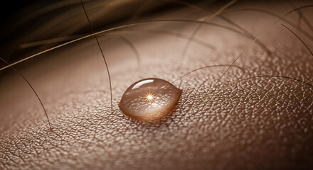 Close-up view of a droplet on human skin with visible hairs.