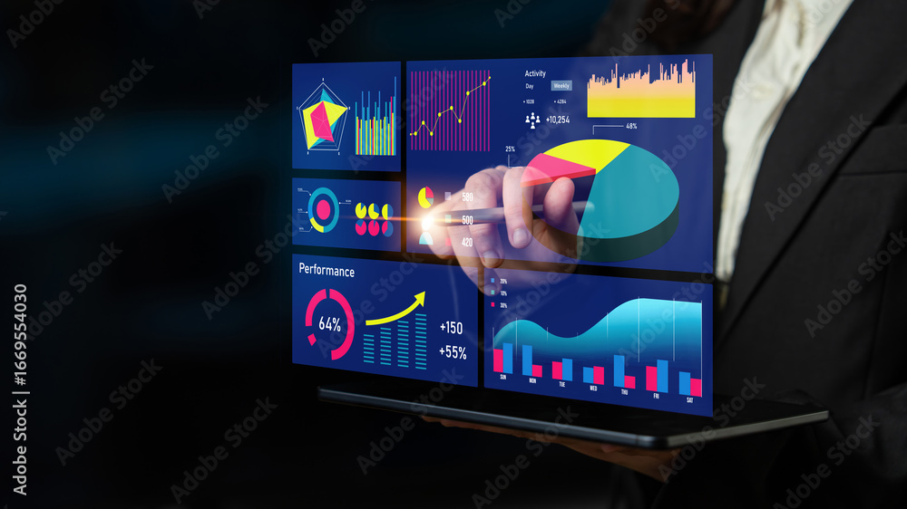 Aufkleber a business professional engages with an advanced data visualization dashboard, showcasing graphs and