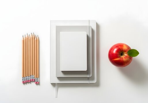 Minimalist workspace with notebooks pencils and a red apple on white background