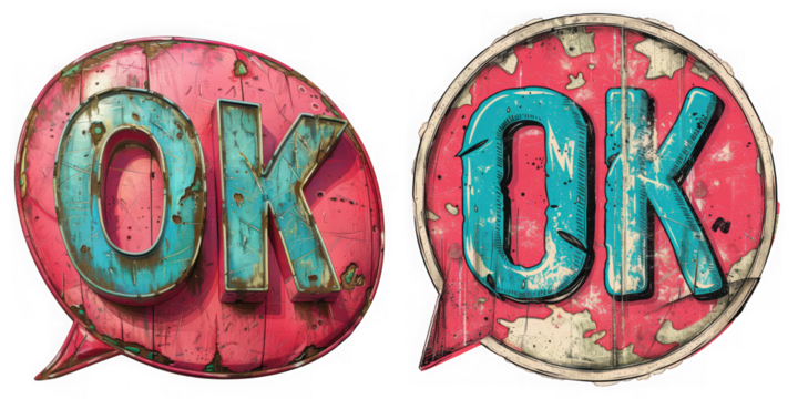 Two retro speech bubble shapes with the word ok in bold teal letters, isolated on transparent background