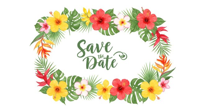 Watercolor floral illustration, a "Save the Date" card with an oval wreath made of beautiful tropical hibiscus, plumeria, and heliconia flowers. - Powered by Adobe