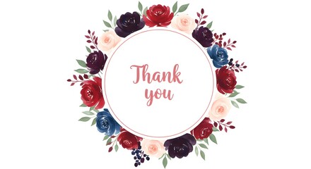 Watercolor floral illustration, a beautiful thank you card design with a circular frame wreathed in burgundy, navy blue, and blush pink roses.
