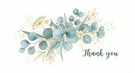 Watercolor floral illustration, a lovely thank you card with a central arrangement of soft green eucalyptus leaves, highlighted by golden line-art foliage and splatters.
