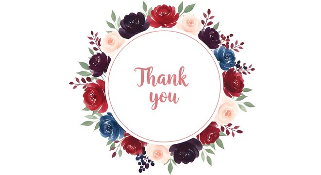 Watercolor floral illustration, a beautiful thank you card design with a circular frame wreathed in burgundy, navy blue, and blush pink roses.