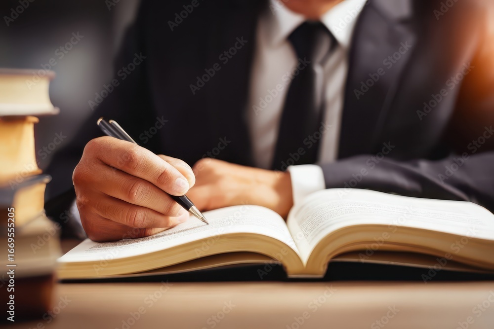 Poster professional man writing in a book with focused intent while surrounded by stacked books in a quiet 