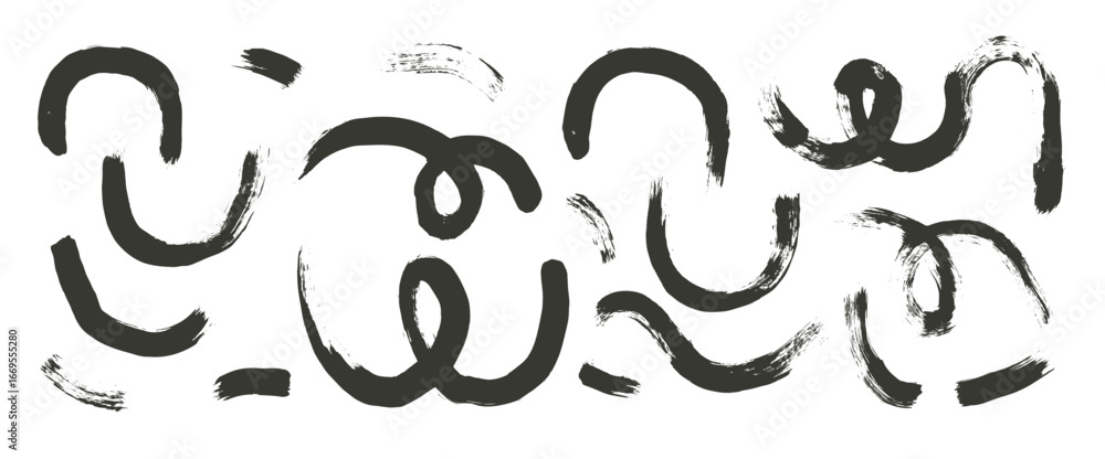 Poster curve brush stroke shapes set. black paint squiggle lines and semicircles elements isolated on white