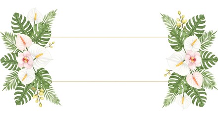 Watercolor floral illustration, a sophisticated frame with golden lines, decorated on the sides with bouquets of tropical anthuriums, orchids, and leaves.