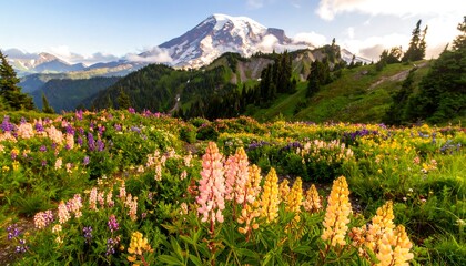 A vibrant display of wildflowers carpets a hillside meadow, showcasing a profusion of pinks, yellows, and purples, beneath a majestic mountain range.
