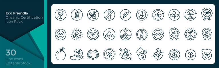 Eco Friendly Organic Certification Icons, Eco Labels and Organic Product Badges Line Icons Vector Set – Vegan, Non‑GMO, Gluten Free, Recyclable, Sustainable, Editable Stroke