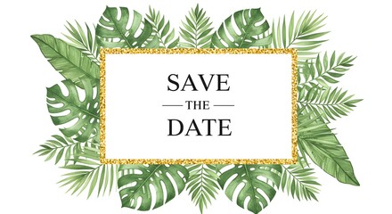 Watercolor floral illustration, a "Save the Date" card featuring a sparkling gold glitter frame surrounded by a lush border of tropical monstera and palm leaves.