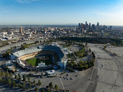 Los Angeles Downtown and Dodger Stadium Aerial Shot California USA