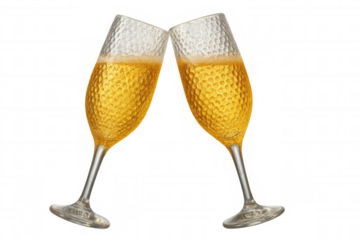 Champagne glasses touching, sparkling golden liquid creating festive moment against clean, transparent setting