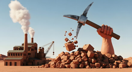 Giant hand mines clay near industrial factory, emitting pollution.