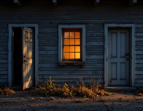 Mysterious Abandoned Doorway with Broken Window Night