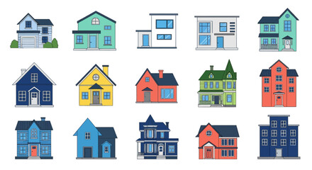 A collection of fifteen colorful and diverse cartoon houses and buildings, showcasing various architectural styles in a flat vector illustration set.