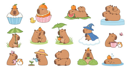 A delightful vector collection of cute capybara characters in various poses. Set of adorable kawaii animal illustrations with funny capybaras relaxing, eating fruit, and as a wizard for clipart