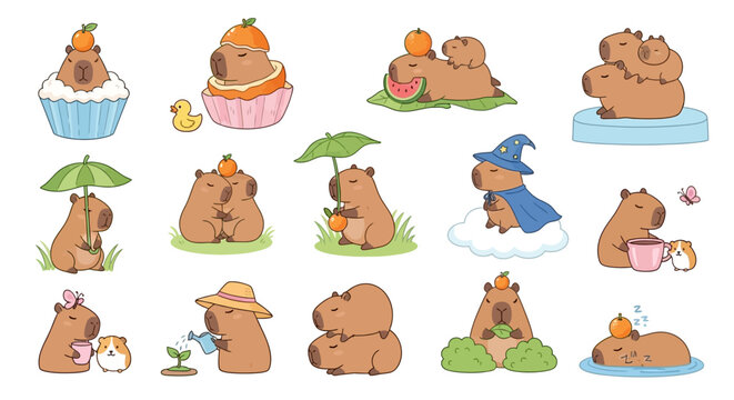 A delightful vector collection of cute capybara characters in various poses. Set of adorable kawaii animal illustrations with funny capybaras relaxing, eating fruit, and as a wizard for clipart