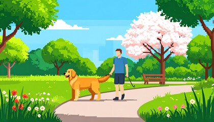 A man and his golden retriever dog stroll through a vibrant pixel art park, enjoying a sunny spring day.