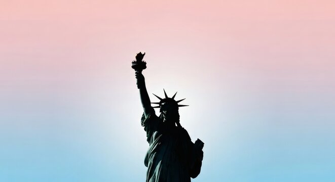 Iconic silhouette of Lady Liberty representing freedom and hope with a serene pastel gradient background