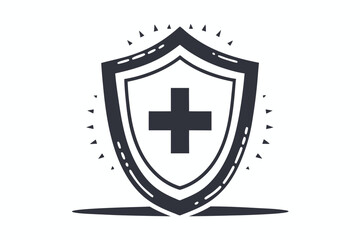 Shield Icon with Medical Cross and Protective Rays on White Background