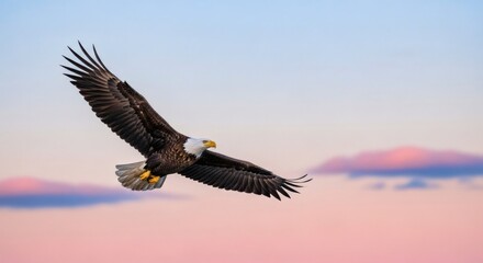 Obraz premium Majestic Bald Eagle Soars Through a Pink and Blue Sky, Embracing Freedom and Strength