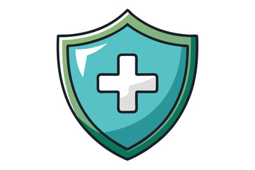 Medical Shield Icon, Teal Green Border, White Cross, on White Background