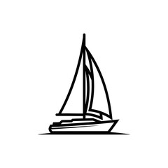 A simple black and white line drawing of a sailboat with two sails on a white background illustration