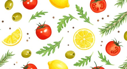 Watercolor food illustration, a vibrant seamless pattern of whole and sliced tomatoes, lemons, green olives, rosemary, and arugula leaves.