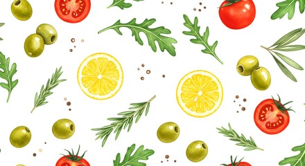 Watercolor food illustration, a fresh and healthy seamless pattern with tomatoes, lemon slices, green olives, rosemary, and arugula leaves on a white background.