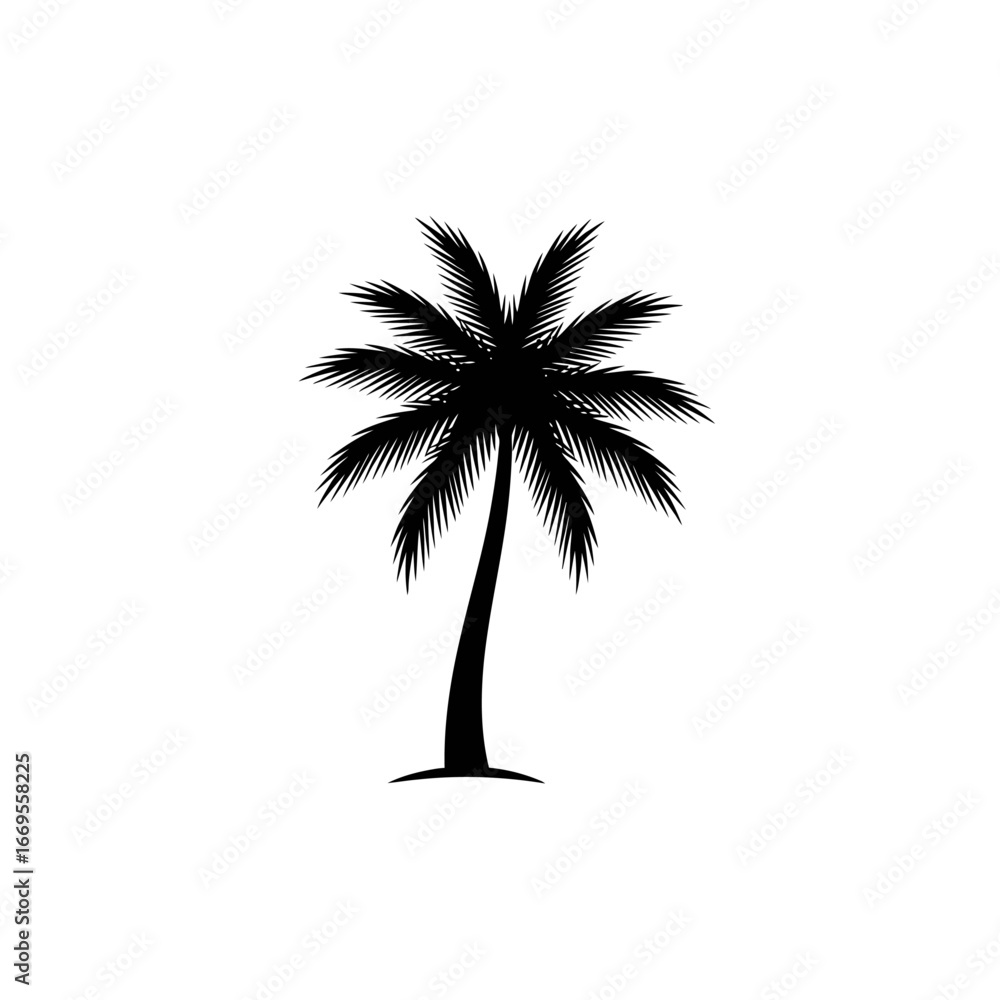 Poster silhouette of a single palm tree with fronds extending outwards on a white background isolated vecto