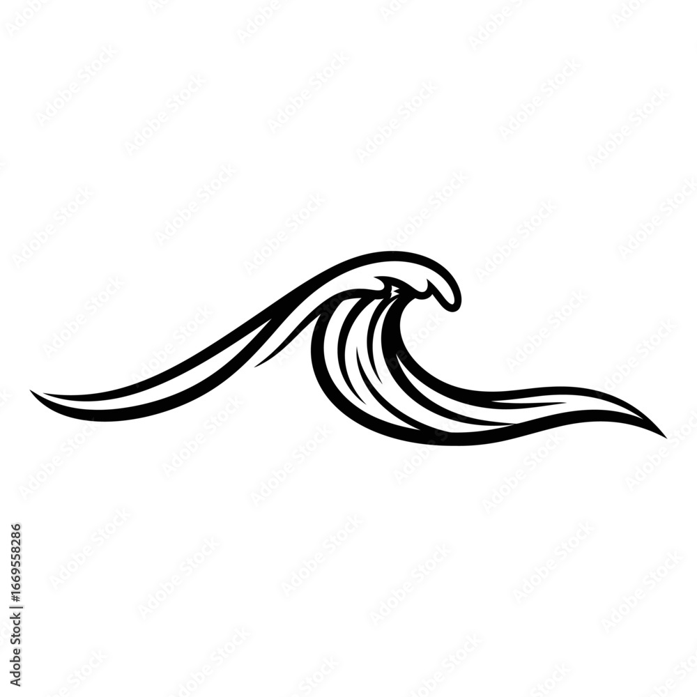 Poster a stylized black and white illustration of a wave with a curl and flowing lines on a white backgroun