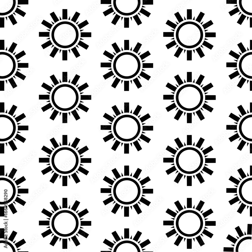 Poster seamless pattern of stylized suns with circular centers and radiating rectangular rays on white back
