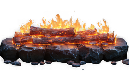 Closeup of burning fireplace logs with glowing embers and bright orange flames, isolated on transparent background