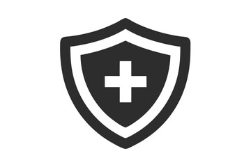 Security Shield Icon with Plus Sign in Black and White with White Background
