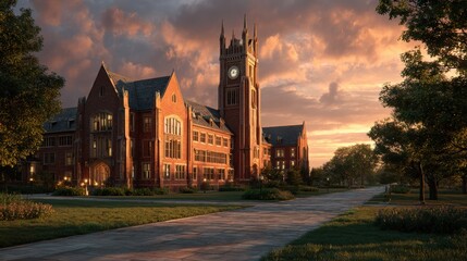 Obraz premium Historic Church with Prominent Clock Tower Surrounded by Lush Greenery Under Clear Blue Sky Creating a Peaceful Urban Atmosphere for Visitors